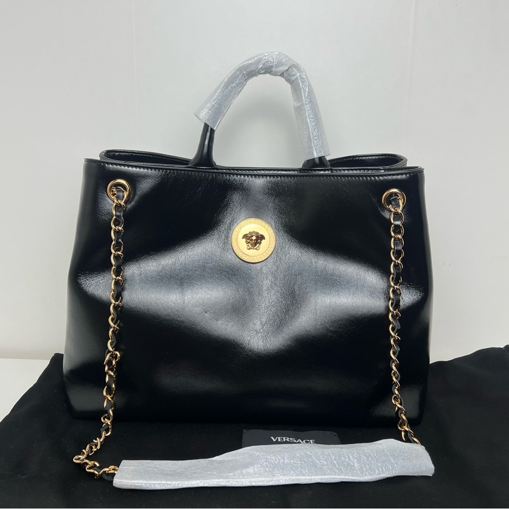 New Versace Black Tote with Gold Medusa Accent
